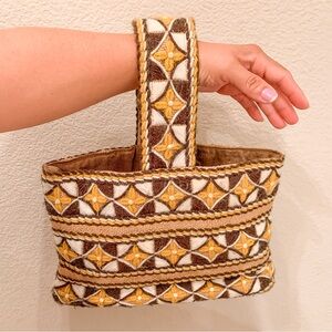 Vintage Handmade Burlap Embroidered Satchel Hand Bag Geometric Tan Brown Boho